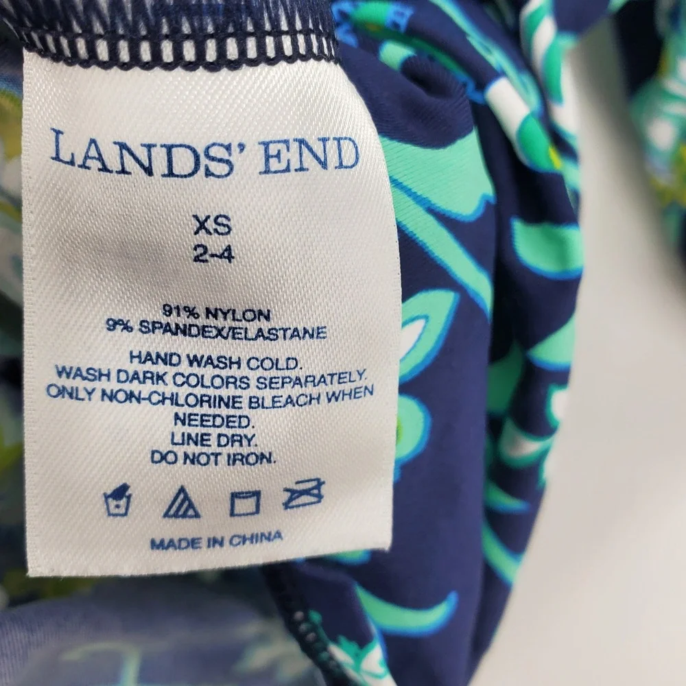 Lands End Women's Floral Paisley Swim Tee Rash‎ Guard Ruched Navy XS Swimsuit